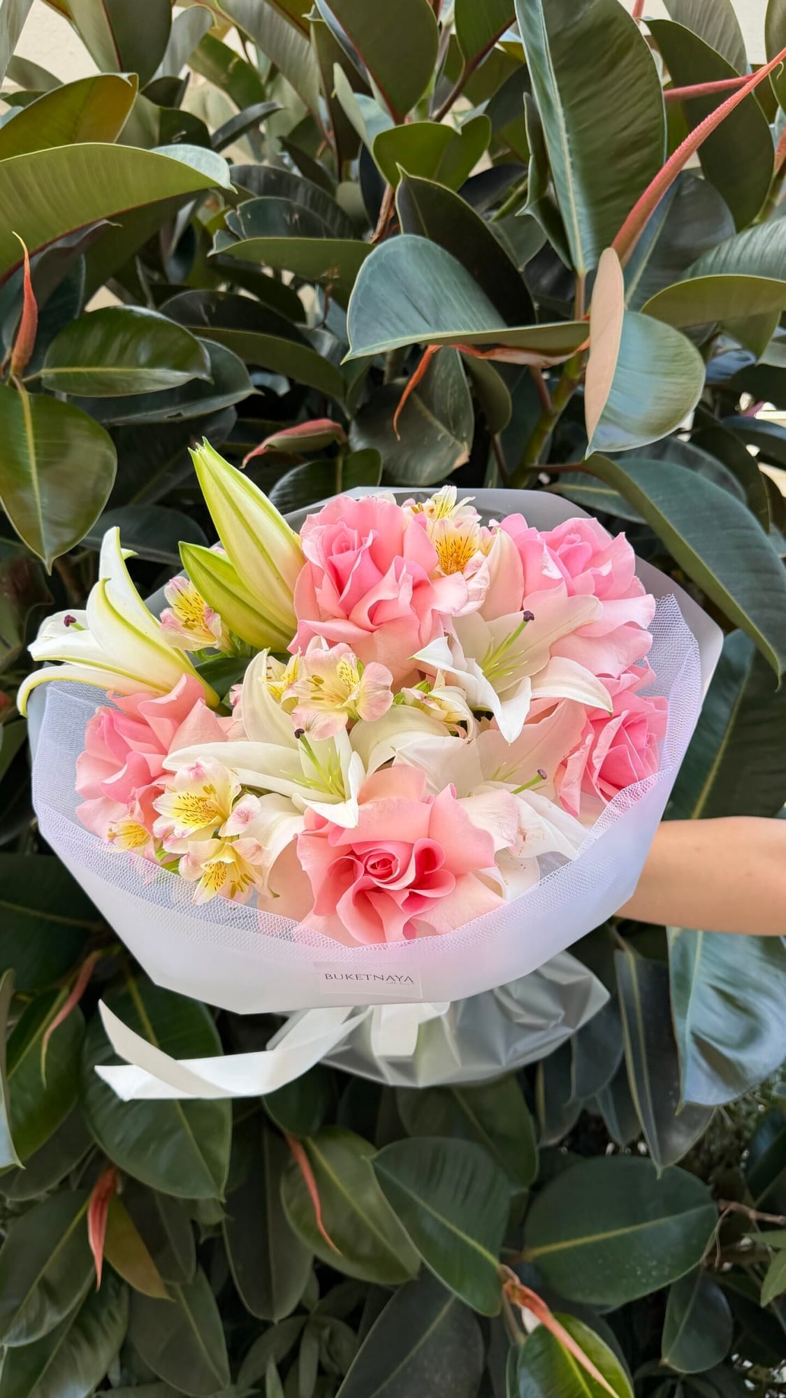 Lily Charm: White lilies and pink roses in clear wrapping.